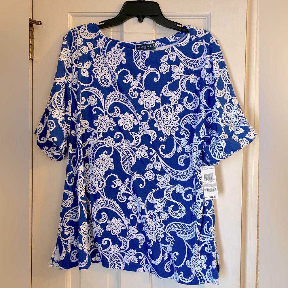 Karen Scott Royal Blue and White Patterned Blouse